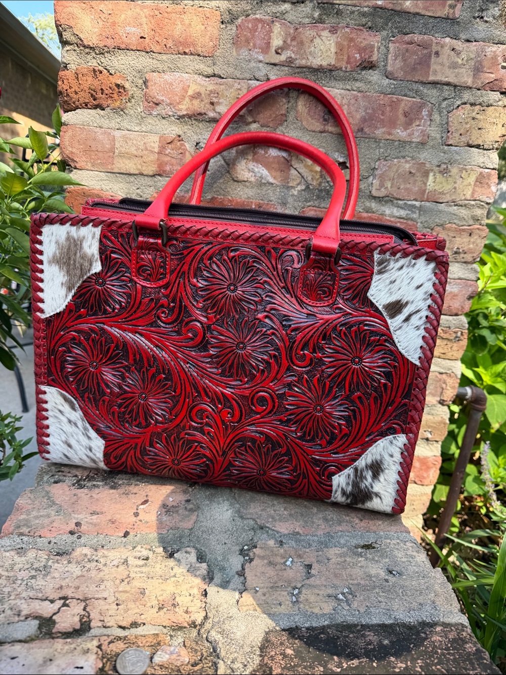 Women's Red Tooled Leather Tote with Hair-on-Hide Accents